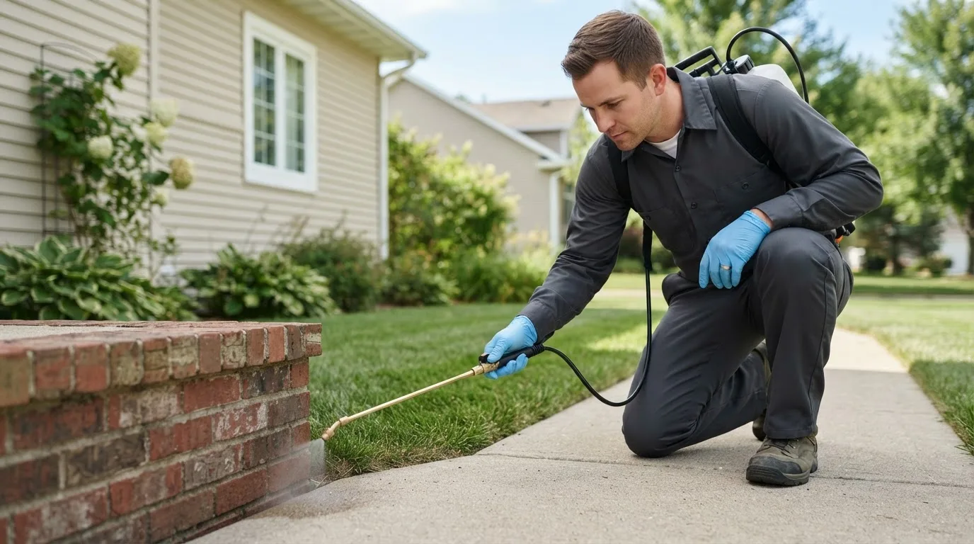Pest control technician treating a home near Tulare, CA